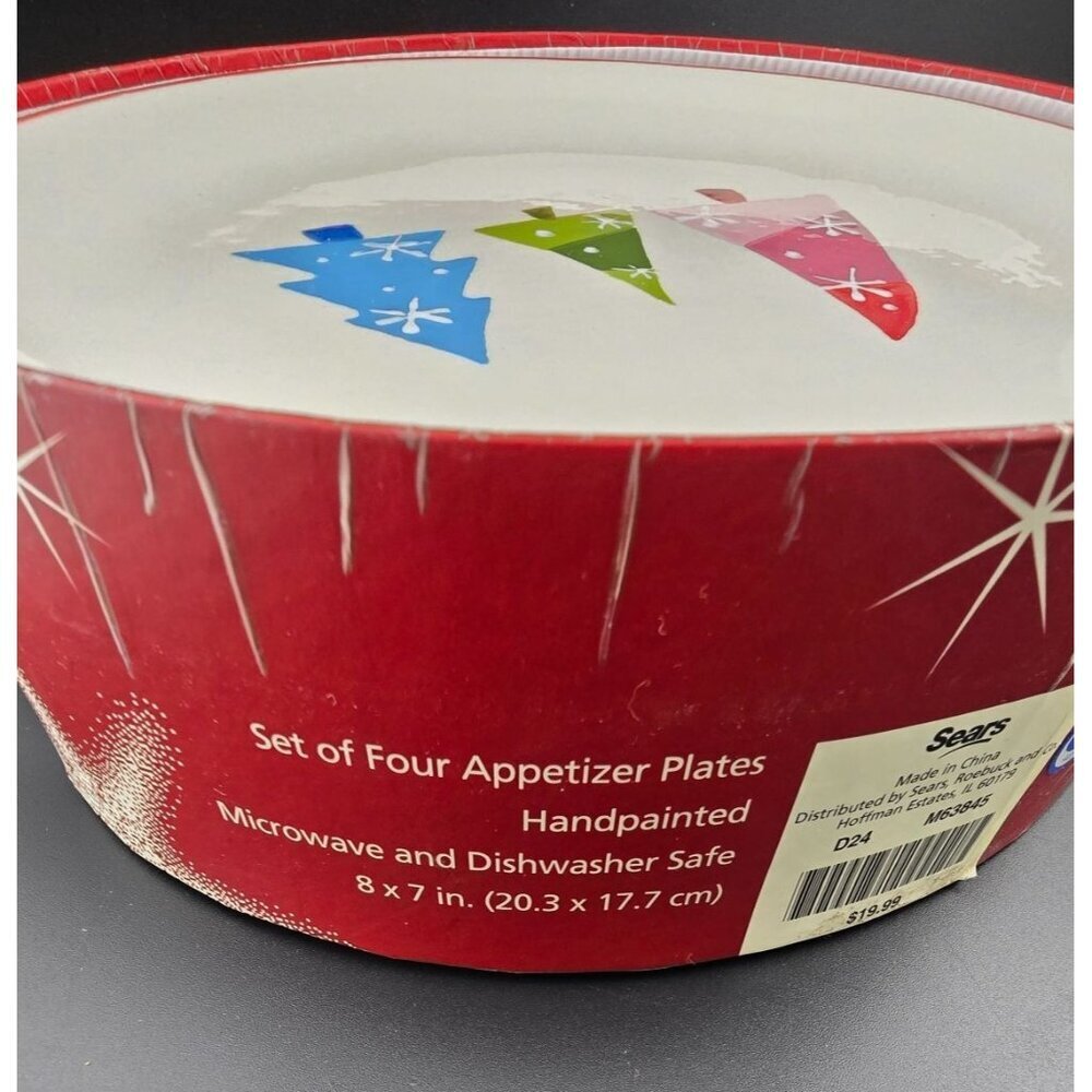 Vintage Sears Hand painted Christmas Tree Appetizer Plates Set 4 Wish for Joy - Picture 6 of 8
